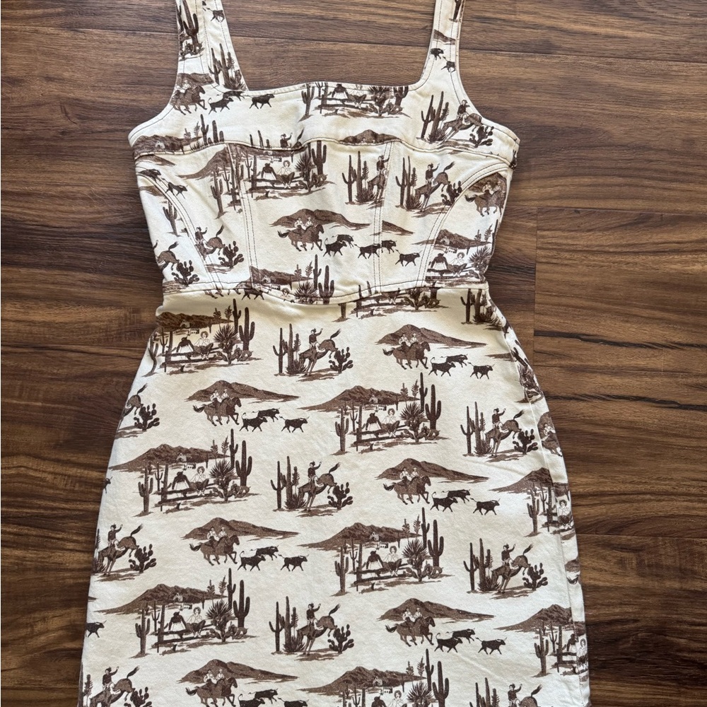 Reformation Denim Western Print Cream & Brown Tank Dress